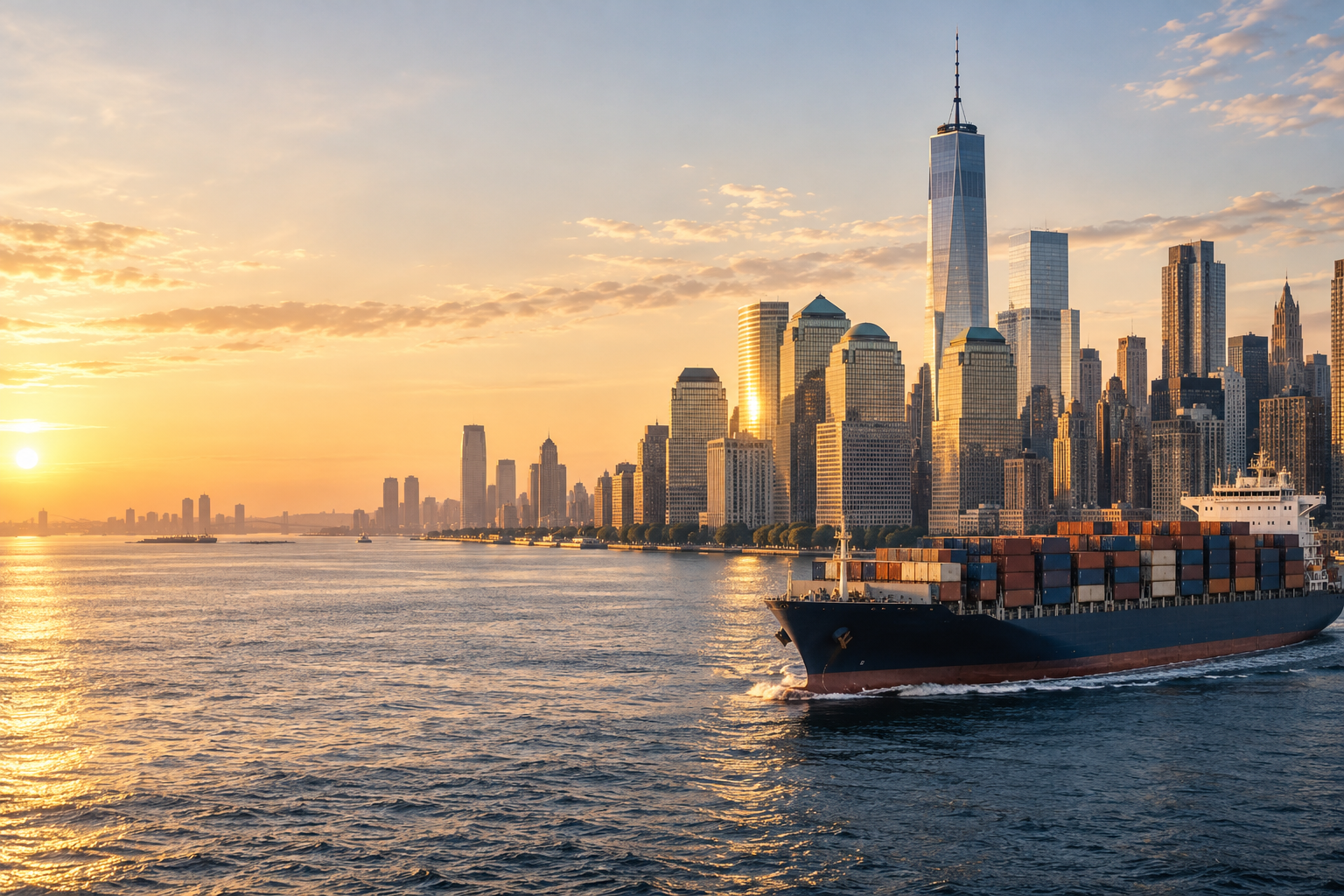 Conceptual New York harbor scene with a container ship and the Manhattan skyline